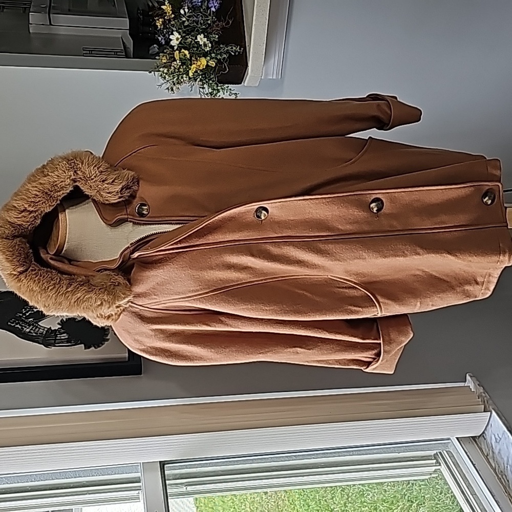 HERMAN KAY winter coat with removal‎ hood. Size 8. Tan color. Big pockets.